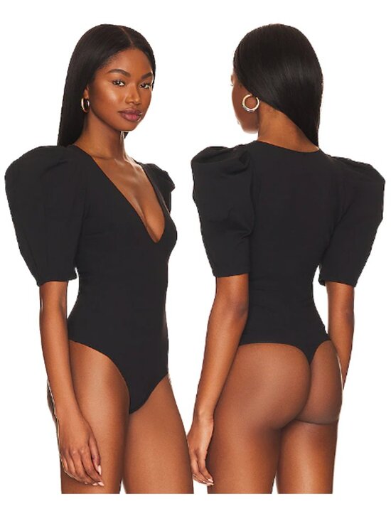 Free People Tops - Free People Va Va Voop Duo Bodysuit Puff Sleeve Black Thong Size S